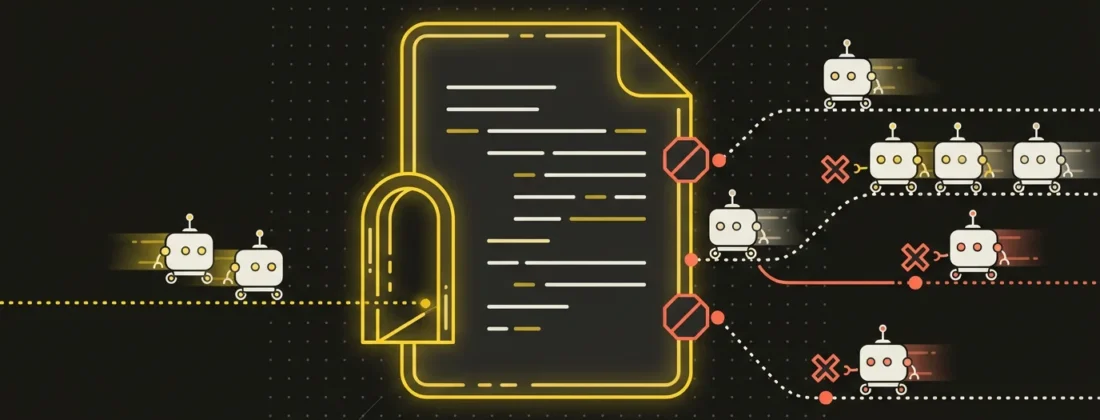 robots.txt file acting as a gate controlling AI crawler access to a website — some bots allowed through, others blocked