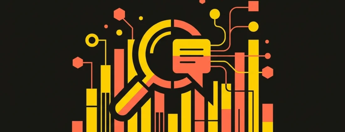 Abstract flat vector illustration representing AI search in numbers: a magnifying glass merged with an AI answer bubble alongside rising data bars and citation nodes on a dark background with yellow and coral accents.