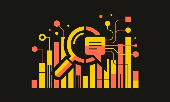 Abstract flat vector illustration representing AI search in numbers: a magnifying glass merged with an AI answer bubble alongside rising data bars and citation nodes on a dark background with yellow and coral accents.
