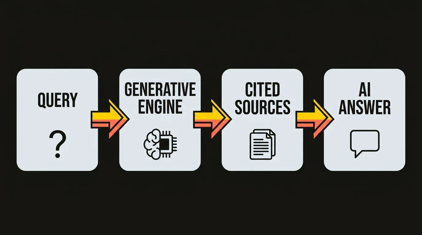 AI search in numbers flow diagram showing four stages: Query, Generative engine, Cited sources and AI answer, connected by arrows on a dark background with yellow and coral accents.