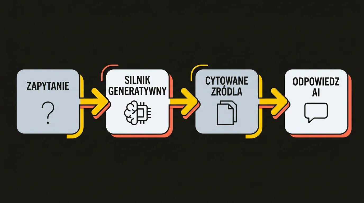 Diagram przepływu AI search w liczbach pokazujący cztery etapy: Zapytanie, Silnik generatywny, Cytowane źródła i Odpowiedź AI, połączone strzałkami na ciemnym tle z żółto-pomarańczowymi akcentami.