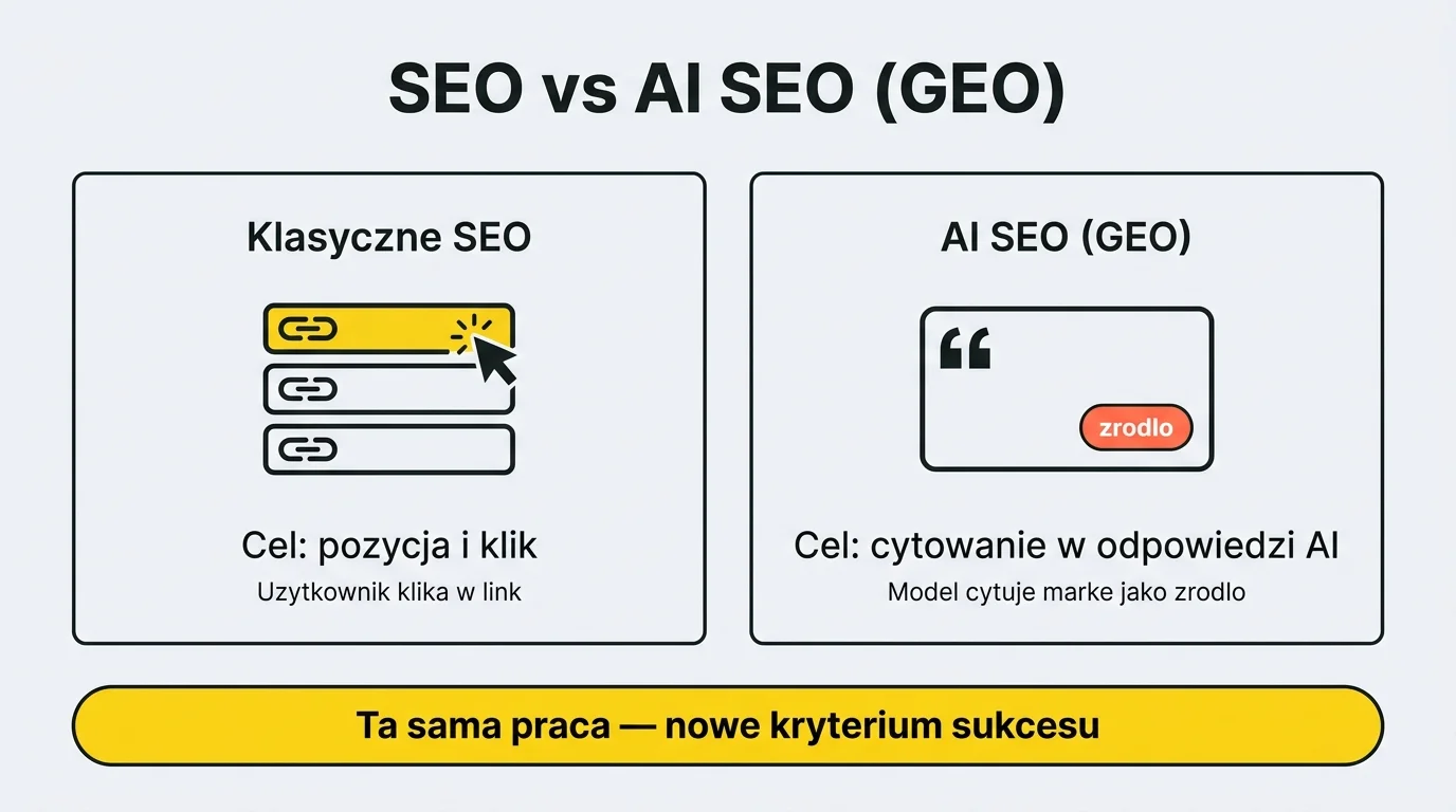 Diagram porównujący klasyczne SEO i AI SEO (GEO): w klasycznym SEO celem jest pozycja w wynikach i klik użytkownika, w AI SEO celem jest cytowanie marki jako źródła w odpowiedzi generowanej przez AI — ta sama praca, nowe kryterium sukcesu