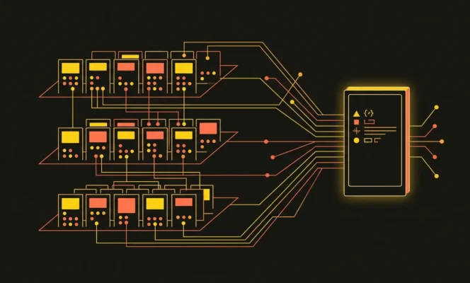 Concept illustration: an AI answer panel with highlighted source citations connected to three layers of research on visibility in AI answers.