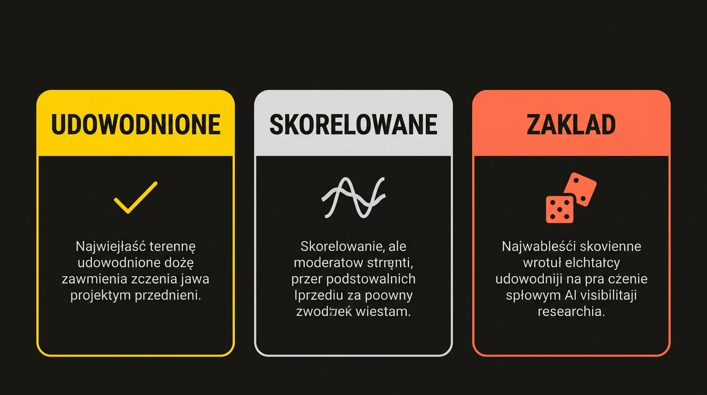 Diagram trzech statusów dowodów w badaniach o widoczności w odpowiedziach AI: udowodnione (eksperymenty i deklaracje operatorów), skorelowane (badania obserwacyjne cytowań) i zakład (praktyki bez dowodów, np. llms.txt).