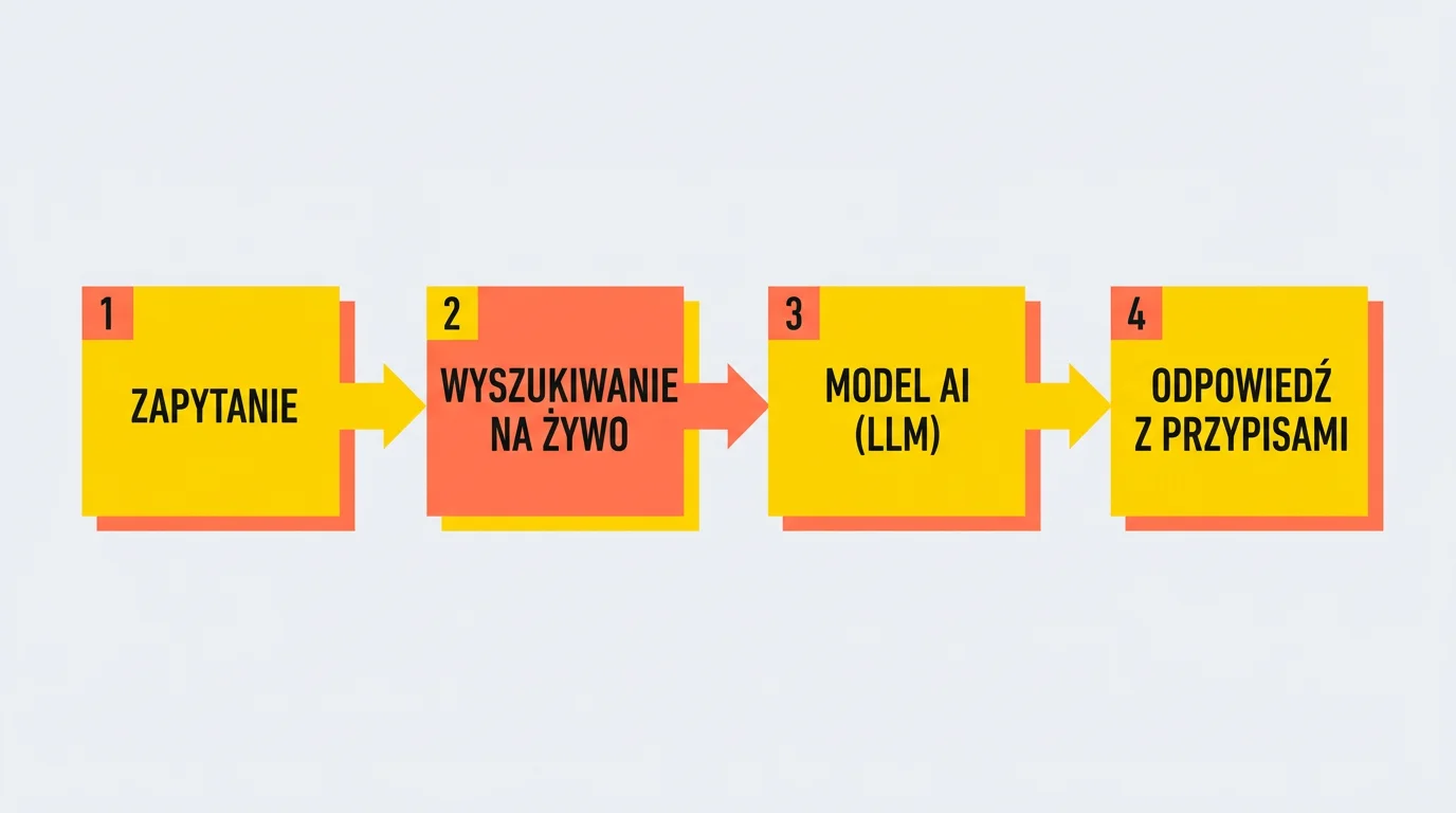 Diagram czterech kroków działania Perplexity: Zapytanie, Wyszukiwanie na żywo, Model AI (LLM) i Odpowiedź z przypisami, ilustrujący mechanizm groundingu w silniku odpowiedzi Perplexity.