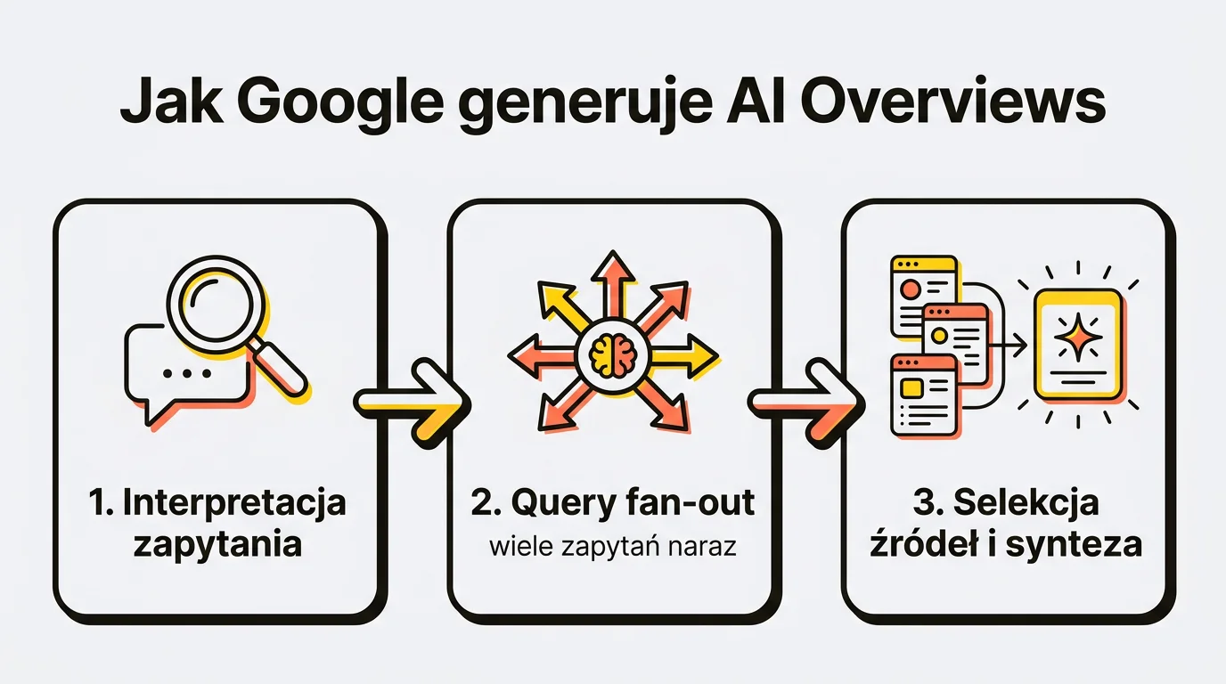 Diagram pokazujący, jak Google generuje AI Overviews w trzech krokach: interpretacja zapytania, query fan-out (wiele zapytań naraz) oraz selekcja źródeł i synteza odpowiedzi