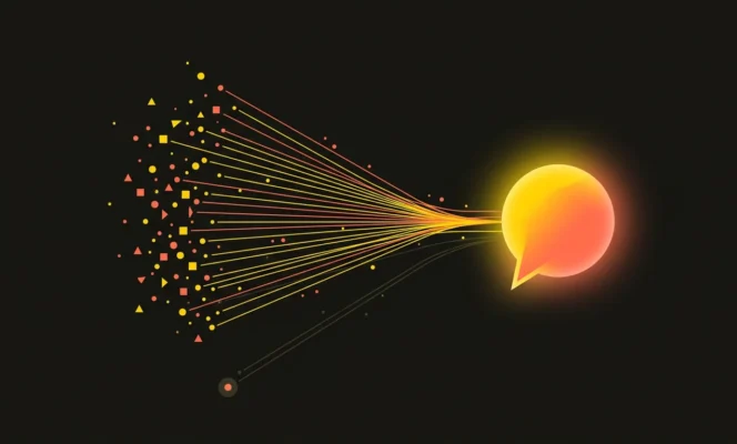 Flat Vistrix-brand vector illustration of a single AI answer fed by many lines from independent earned-media sources, showing that roughly 84% of AI citations come from third-party media.