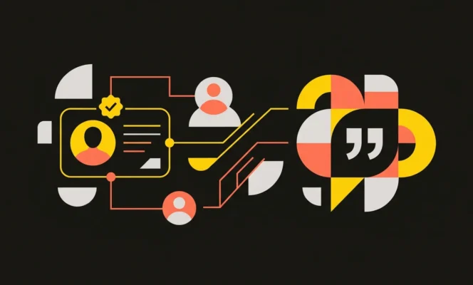 Vistrix vector illustration of E-E-A-T trust signals for AI: an author identity card linked to a verified-author badge, external profile nodes (sameAs) and an AI answer bubble citing the source.