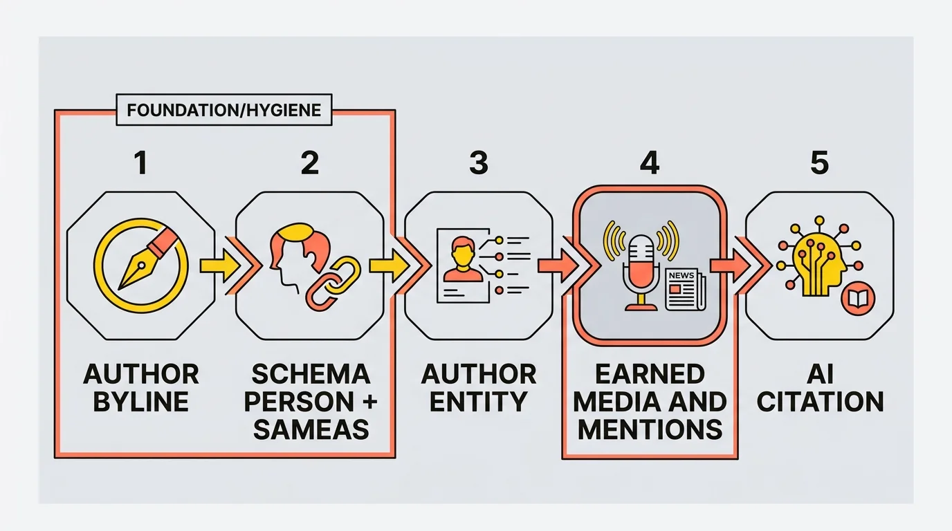 Vistrix diagram showing how author signals flow into AI citations: author byline, schema Person plus sameAs and external LinkedIn profiles combine into an author entity that feeds earned media and mentions, leading to a citation in generative engines.