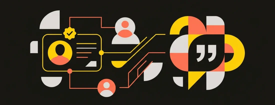 Grafika wektorowa Vistrix przedstawiajaca sygnaly E-E-A-T pod AI: karta tozsamosci autora polaczona liniami z odznaka zweryfikowanego autora, zewnetrznymi profilami (sameAs) i chmurka odpowiedzi AI cytujacej zrodlo.