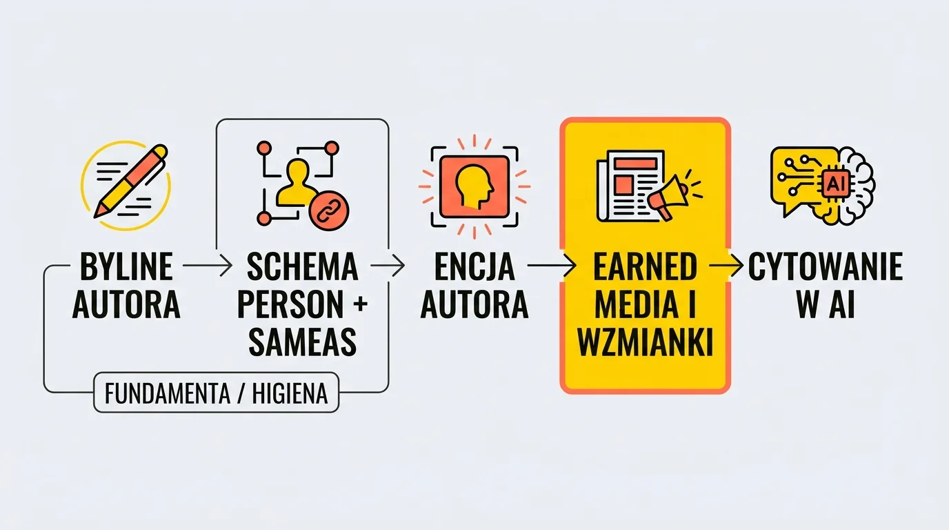 Diagram Vistrix pokazujacy przeplyw sygnalow autora do cytowan w AI: byline autora, schema Person plus sameAs i profile zewnetrzne LinkedIn lacza sie w encje autora, ktora zasila earned media i wzmianki, prowadzac do cytowania w silnikach generatywnych.