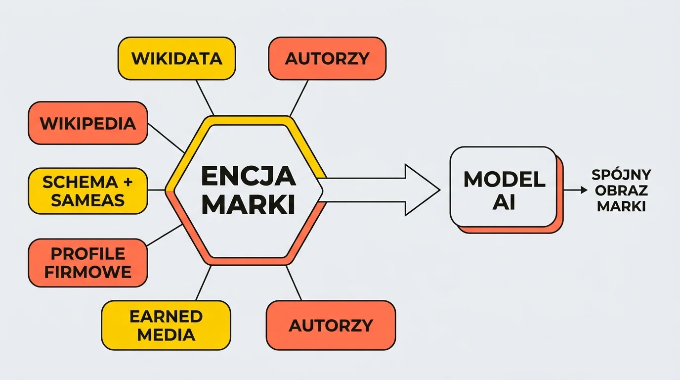 Diagram spojnosci semantycznej marki: centralna encja marki polaczona z Wikidata, Wikipedia, Organization schema i sameAs, profilami firmowymi, earned media oraz autorami, przekazujaca spojny obraz marki do modelu AI.