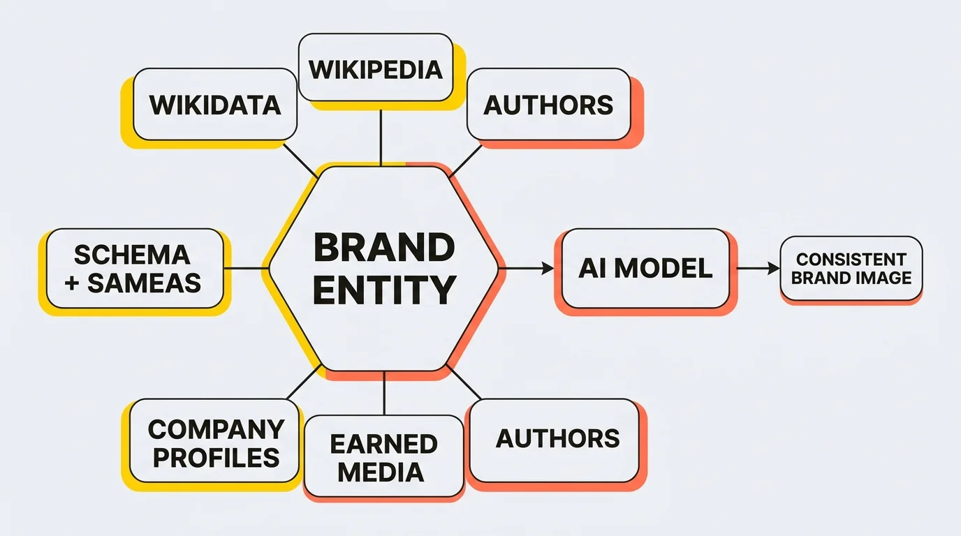 Diagram of semantic brand consistency: a central brand entity linked to Wikidata, Wikipedia, Organization schema and sameAs, company profiles, earned media, and authors, feeding a consistent brand image into the AI model.
