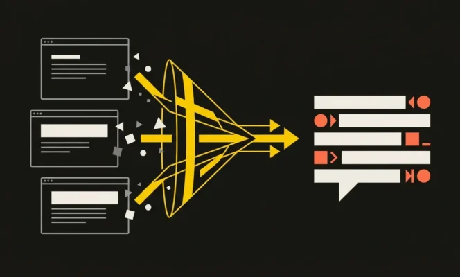 Abstract illustration of the Generative Engine Optimization (GEO) concept: content fragments from three web pages flow through a yellow funnel into an AI answer bubble with marked citations.