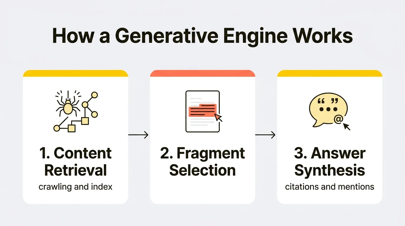 Diagram showing how a generative engine works in Generative Engine Optimization (GEO): three steps — content retrieval (crawling and index), fragment selection, and answer synthesis with citations and mentions.