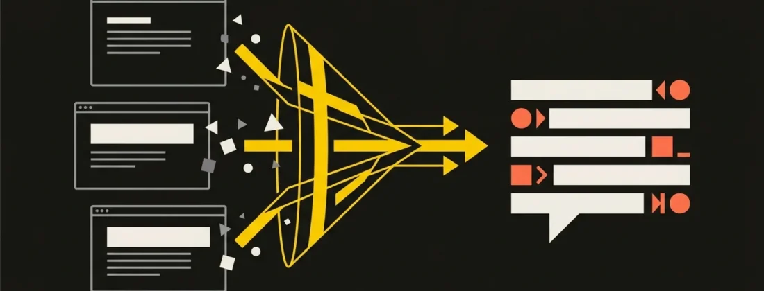 Abstrakcyjna ilustracja konceptu GEO (Generative Engine Optimization): fragmenty treści z trzech stron internetowych przepływają przez żółty lejek do dymka odpowiedzi AI z oznaczonymi cytowaniami.