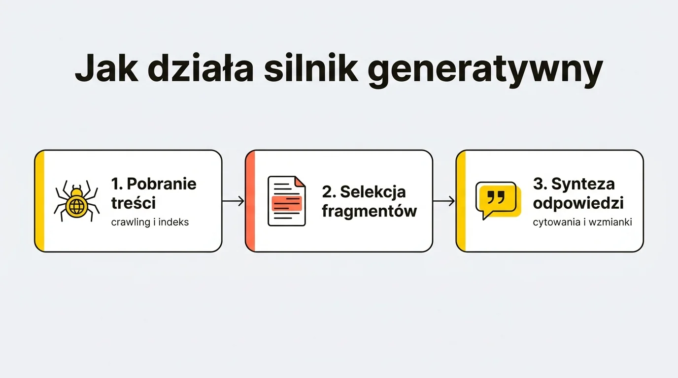 Diagram pokazujący, jak działa silnik generatywny w GEO: trzy kroki — pobranie treści (crawling i indeks), selekcja fragmentów oraz synteza odpowiedzi z cytowaniami i wzmiankami.