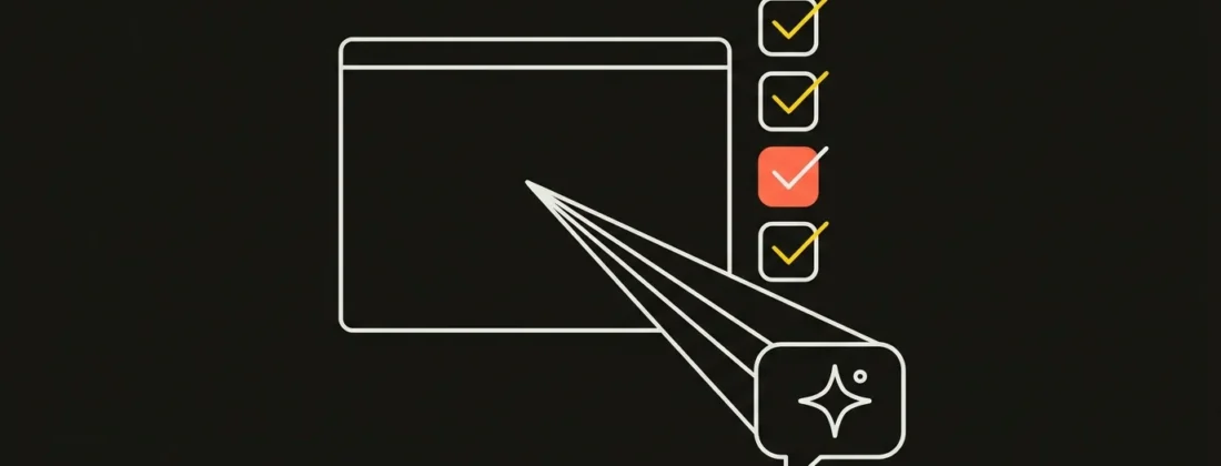 Abstract illustration of a website readiness checklist for generative engines — a browser window with checked items connected to an AI answer bubble