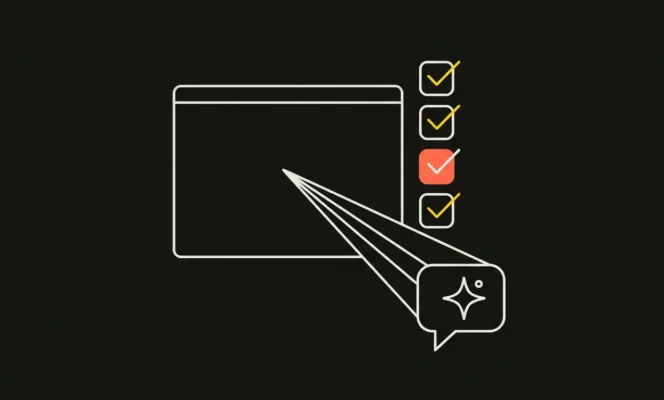Abstract illustration of a website readiness checklist for generative engines — a browser window with checked items connected to an AI answer bubble