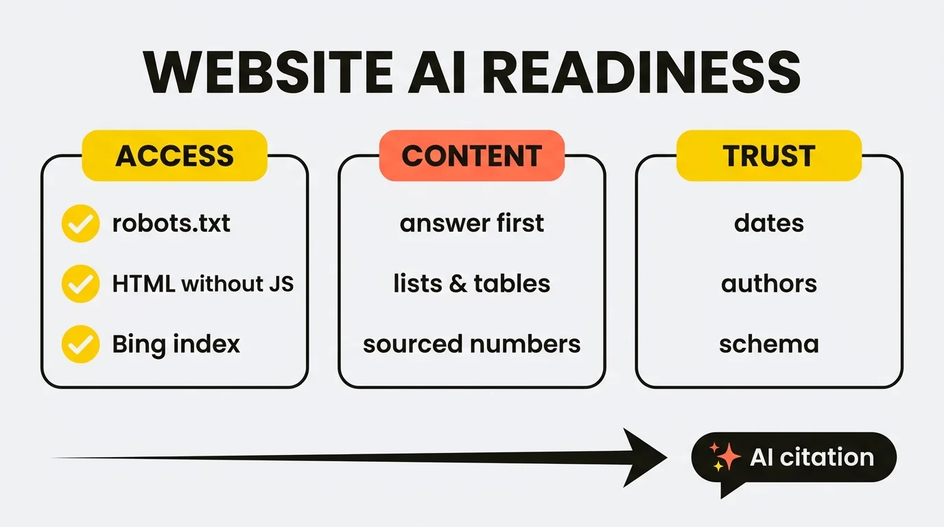 Website AI readiness diagram: three pillars of the generative engine checklist — access (robots.txt, HTML without JS, Bing index), content (answer first, lists and tables, sourced numbers) and trust (dates, authors, schema) — leading to an AI citation