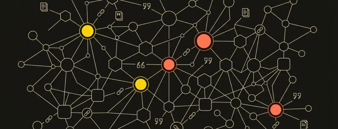 Abstract illustration of the GEO glossary as a knowledge graph: a network of connected nodes representing 30 Generative Engine Optimization terms and brand visibility in AI-generated answers.