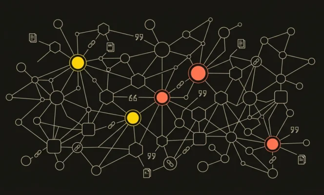 Abstract illustration of the GEO glossary as a knowledge graph: a network of connected nodes representing 30 Generative Engine Optimization terms and brand visibility in AI-generated answers.