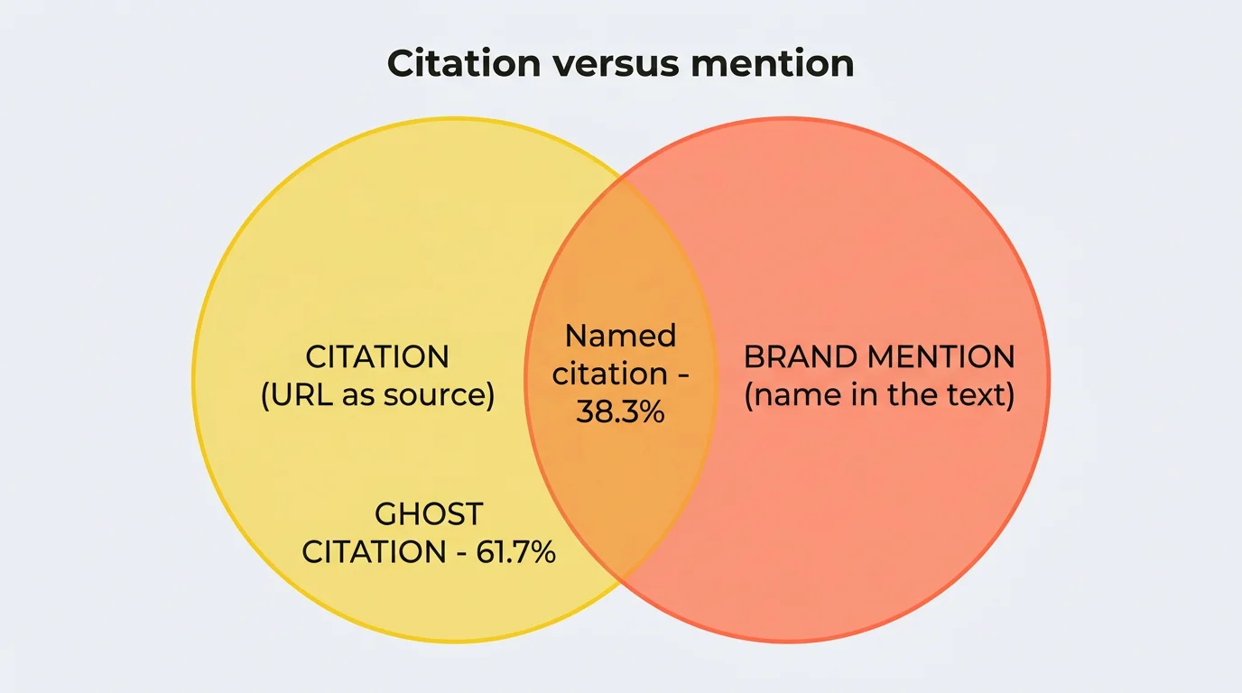 Venn diagram comparing citation and brand mention in AI answers: URL citation without a brand name is a ghost citation (61.7%), while a named citation accounts for 38.3%.