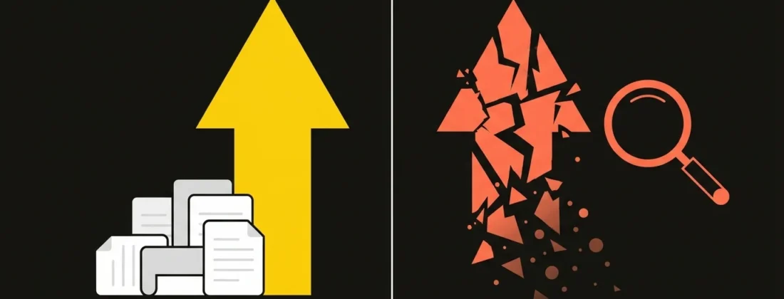 Abstract illustration of the Princeton GEO paper and its replication: a yellow rising arrow over a stack of research papers versus a crumbling coral arrow examined with a magnifying glass