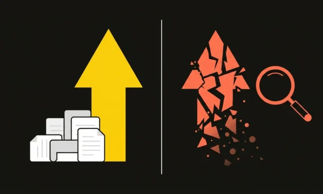Abstract illustration of the Princeton GEO paper and its replication: a yellow rising arrow over a stack of research papers versus a crumbling coral arrow examined with a magnifying glass