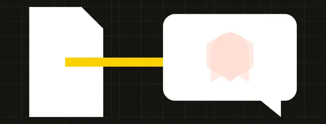 Flat vector Vistrix illustration of ghost citations: a web page linked by a bright connection to an AI answer whose brand badge is faded and nearly invisible, showing a citation that never names the brand.