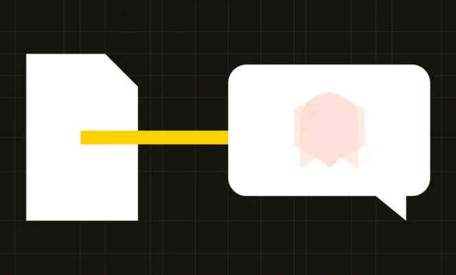 Flat vector Vistrix illustration of ghost citations: a web page linked by a bright connection to an AI answer whose brand badge is faded and nearly invisible, showing a citation that never names the brand.