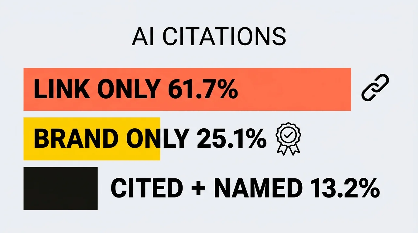 Diagram ghost citations pokazujący udział trzech typów wystąpień w cytowaniach AI: 61,7% to sam link bez nazwy marki, 25,1% to sama wzmianka marki bez linku, a tylko 13,2% łączy cytowanie i wzmiankę marki (Semrush i Kevin Indig, 2026).