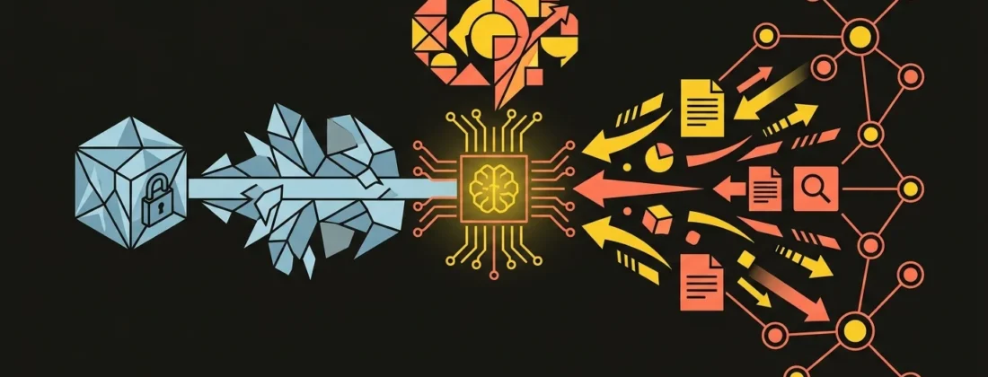 Abstract illustration of the grounding concept: an AI model pulling fresh pages from a live search index at answer time instead of relying only on frozen training knowledge.