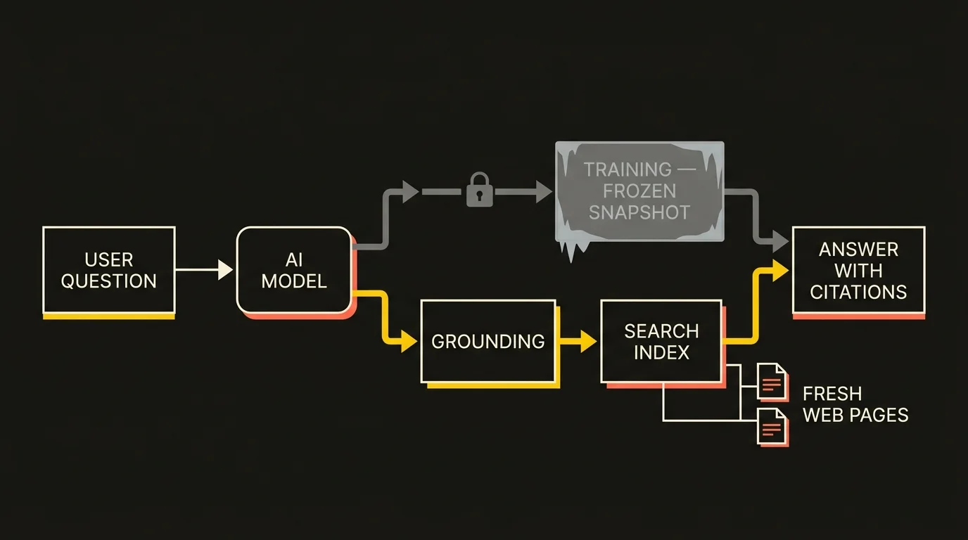Diagram showing where ChatGPT gets its current information: a user question reaches the AI model, which instead of the frozen training snapshot grounds the answer on fresh pages from the search index and returns an answer with citations.