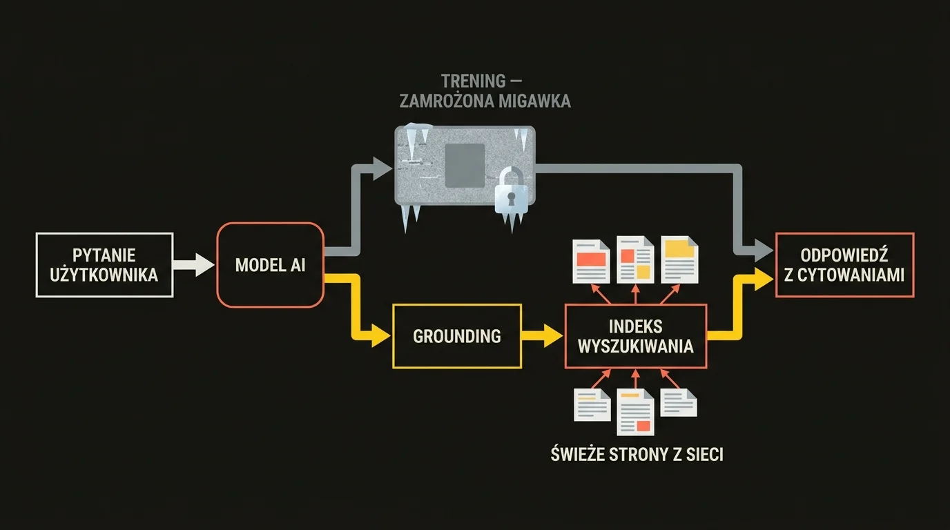 Diagram pokazujący, skąd ChatGPT bierze aktualne informacje: pytanie użytkownika trafia do modelu AI, który zamiast zamrożonej migawki treningu grounduje odpowiedź na świeżych stronach z indeksu wyszukiwania i zwraca odpowiedź z cytowaniami.