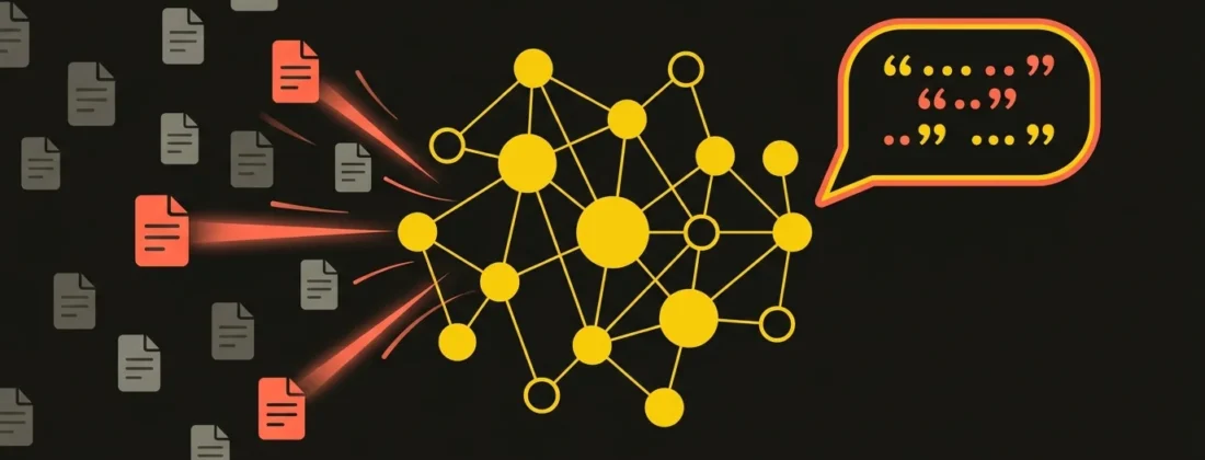 Abstract illustration of how a language model chooses the sources it cites: from a field of documents only selected pages flow into a neural network that produces an answer with citations
