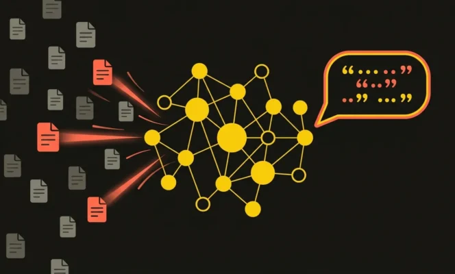 Abstract illustration of how a language model chooses the sources it cites: from a field of documents only selected pages flow into a neural network that produces an answer with citations