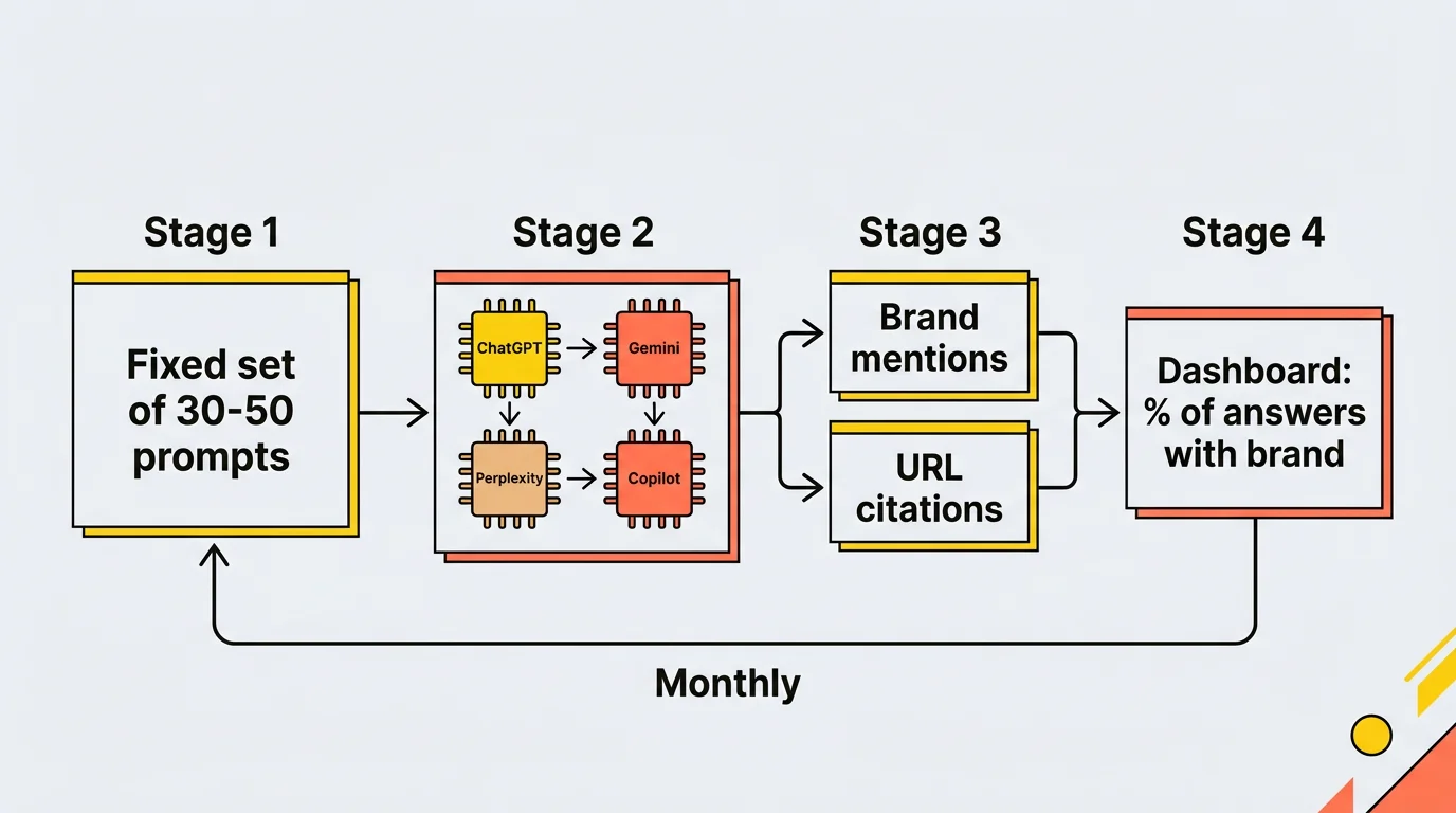 Diagram of the AI brand visibility monitoring process: a fixed set of 30–50 prompts, runs across ChatGPT, Gemini, Perplexity and Copilot, separate measurement of brand mentions and URL citations per engine, a dashboard tracking the share of answers mentioning the brand, repeated monthly.