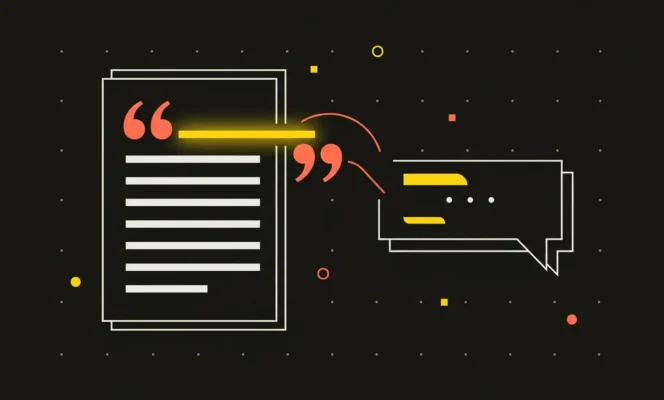 Hero illustration for an article on writing content AI can cite: the first sentence of a document highlighted in yellow, lifted by a quotation mark into an AI answer window — a metaphor for BLUF and quotable sentences.