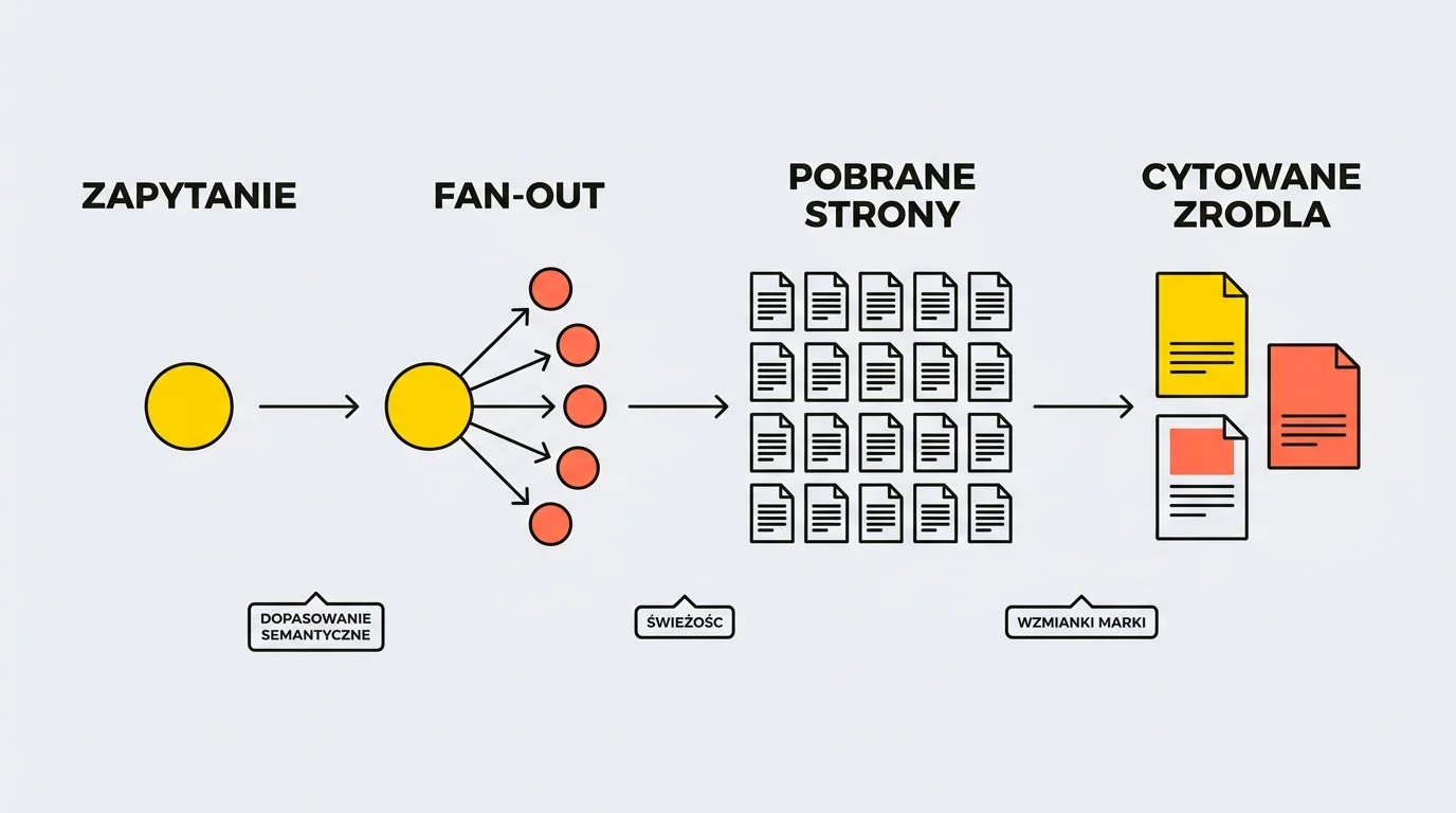 Diagram przepływu w stylu Vistrix pokazujący, jak ChatGPT wybiera źródła: zapytanie użytkownika, rozbicie na podzapytania (fan-out), pobranie stron z indeksów i finalnie cytowane źródła, z podpisami o dopasowaniu semantycznym, świeżości treści i wzmiankach marki.