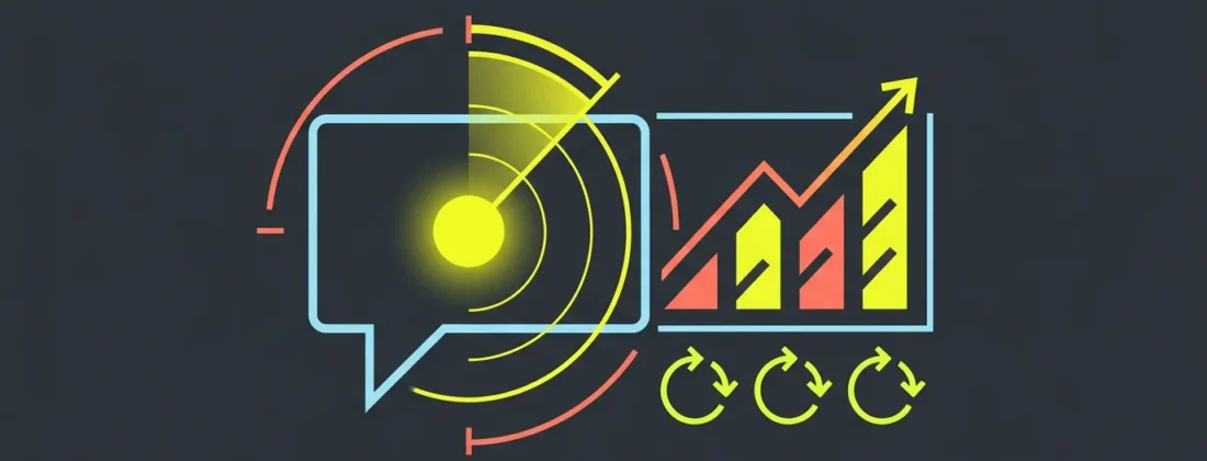 Ilustracja wektorowa: monitoring widoczności marki w odpowiedziach AI — wzmianka marki wykryta wewnątrz odpowiedzi chatbota, z radarem i wykresem trendu.