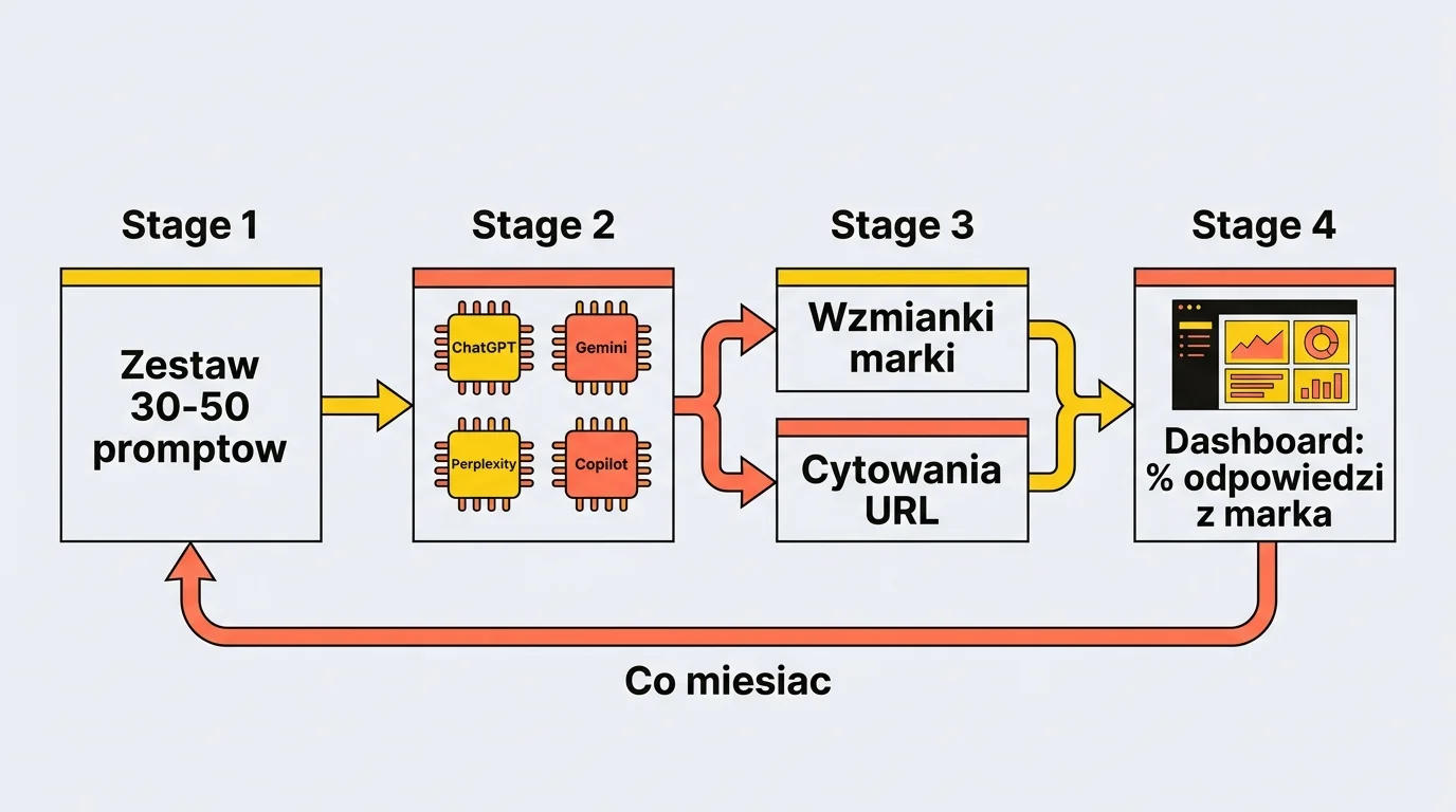 Diagram procesu monitoringu widoczności marki w AI: stały zestaw 30–50 promptów, przebiegi w ChatGPT, Gemini, Perplexity i Copilot, pomiar wzmianek marki i cytowań URL osobno per silnik, dashboard z odsetkiem odpowiedzi z marką i comiesięczne powtórzenia.