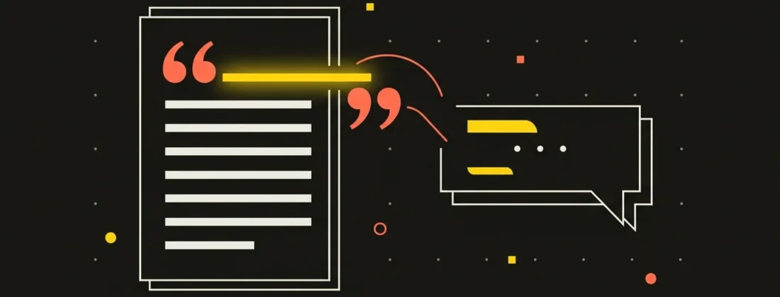 Ilustracja hero artykułu o pisaniu treści pod cytowania AI: pierwsze zdanie dokumentu podświetlone na żółto, wyciągane przez znak cytatu do okna odpowiedzi AI — metafora zasady BLUF i zdań cytowalnych.