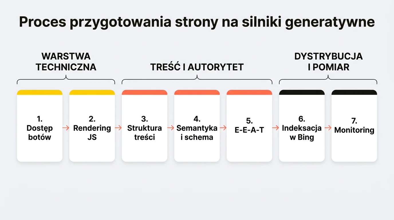 Diagram procesu przygotowania strony na silniki generatywne w 7 krokach: dostęp botów, rendering JS, struktura treści, semantyka i schema, E-E-A-T, indeksacja w Bing, monitoring
