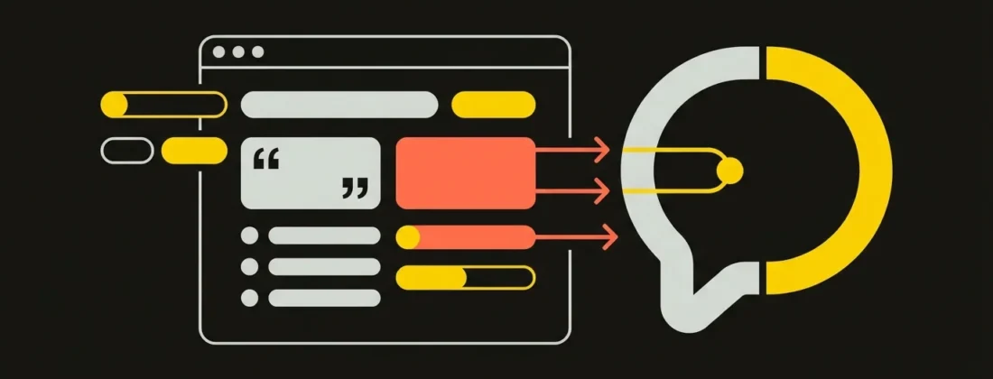 Concept illustration of preparing a website for generative engines: content fragments from a web page flow via arrows into an AI answer bubble