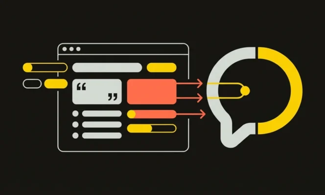 Concept illustration of preparing a website for generative engines: content fragments from a web page flow via arrows into an AI answer bubble