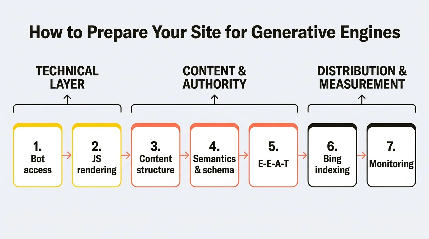Diagram of the 7-step process to prepare your site for generative engines: bot access, JS rendering, content structure, semantics and schema, E-E-A-T, Bing indexing, monitoring