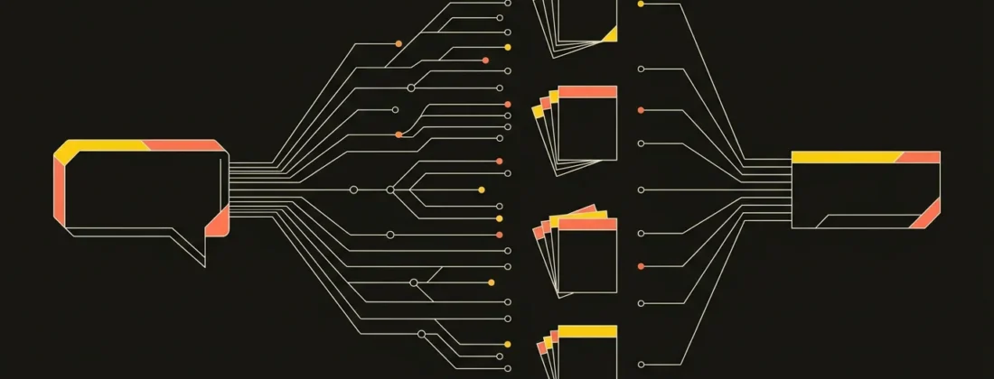 Abstract illustration of prompt research: one long prompt branches into many parallel sub-queries that reach source cards and converge into a single cited answer.