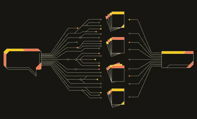 Abstract illustration of prompt research: one long prompt branches into many parallel sub-queries that reach source cards and converge into a single cited answer.