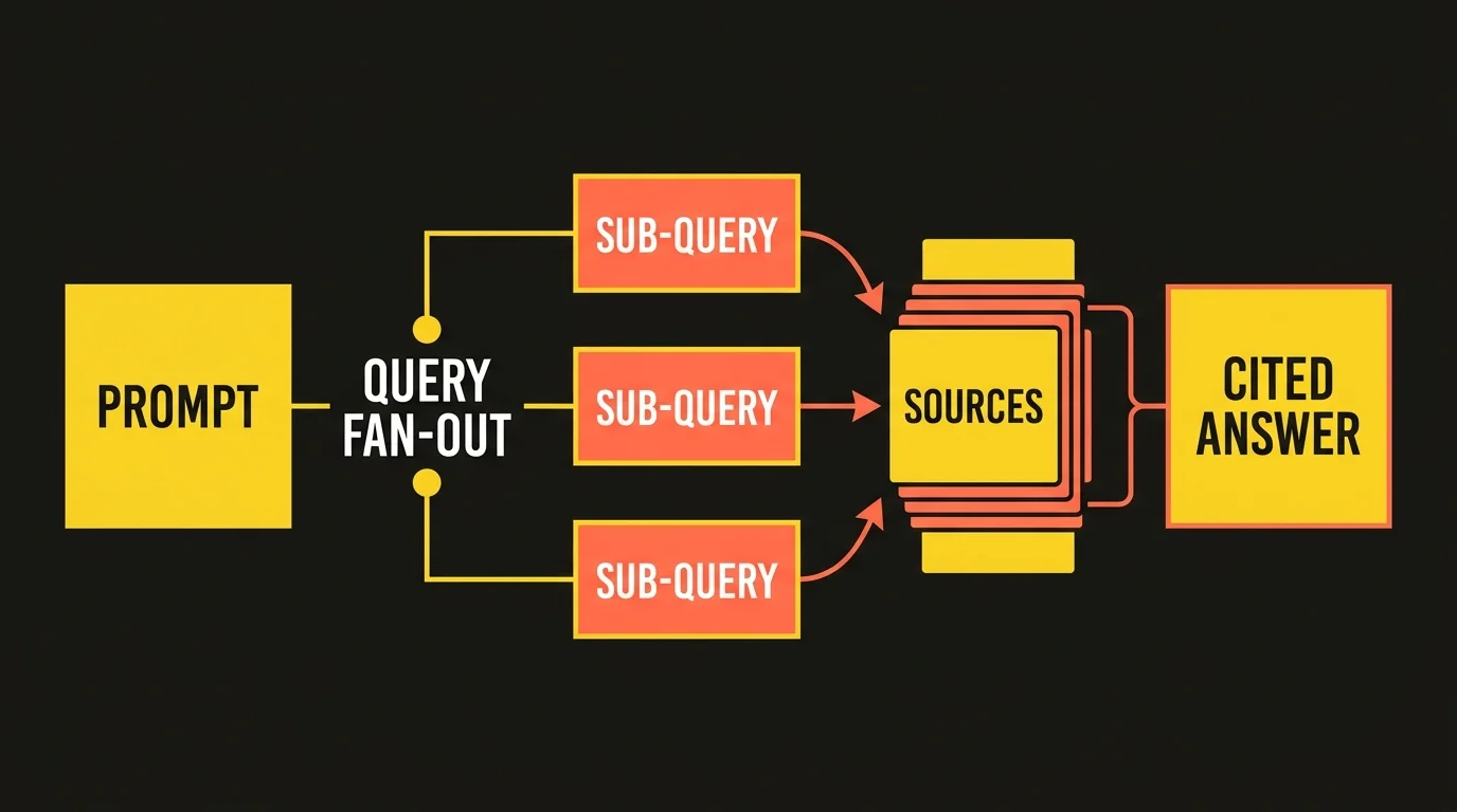 Diagram of the query fan-out mechanism in prompt research: a PROMPT enters a QUERY FAN-OUT node, splits into three SUB-QUERY boxes that pull SOURCES and converge into a CITED ANSWER.